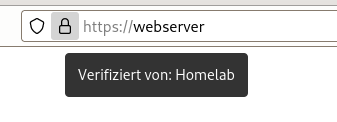 A screenshot of the address bar of firefox. THe site https://webserver is open. The certificate is valid and signed by Homelab