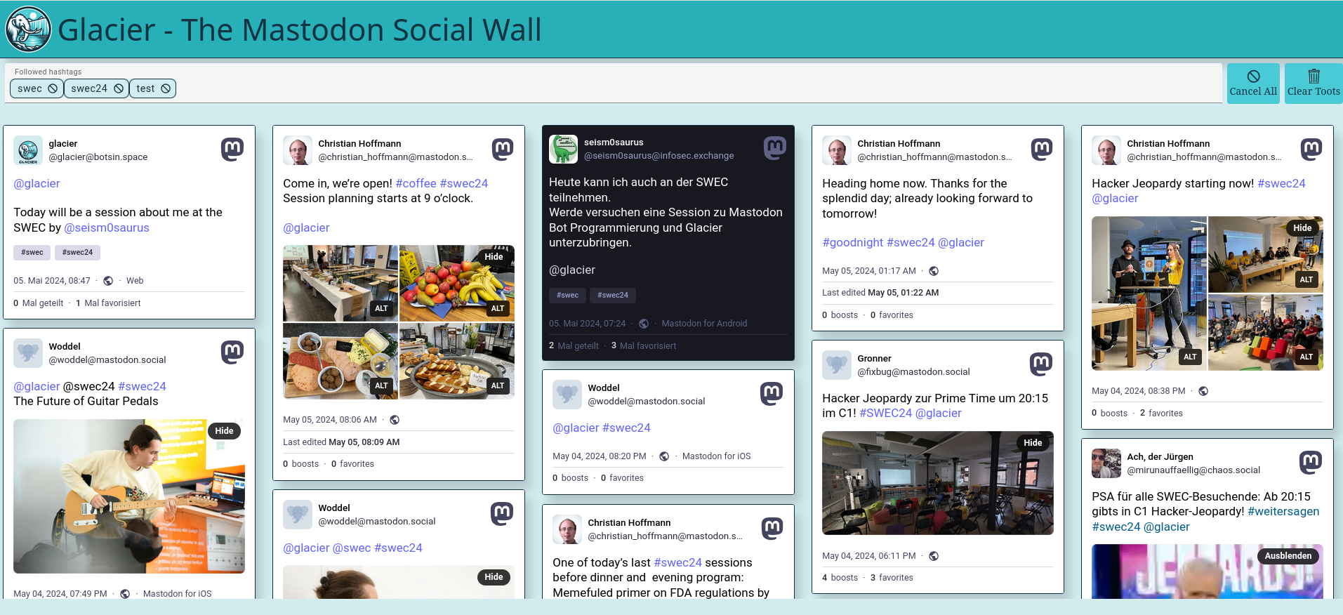 Screenshot der Mastodon Social Wall Glacier auf dem SWEC 24. Zu sehen sind mehrere Toots neben und untereinander, die sich auf das Camp beziehen