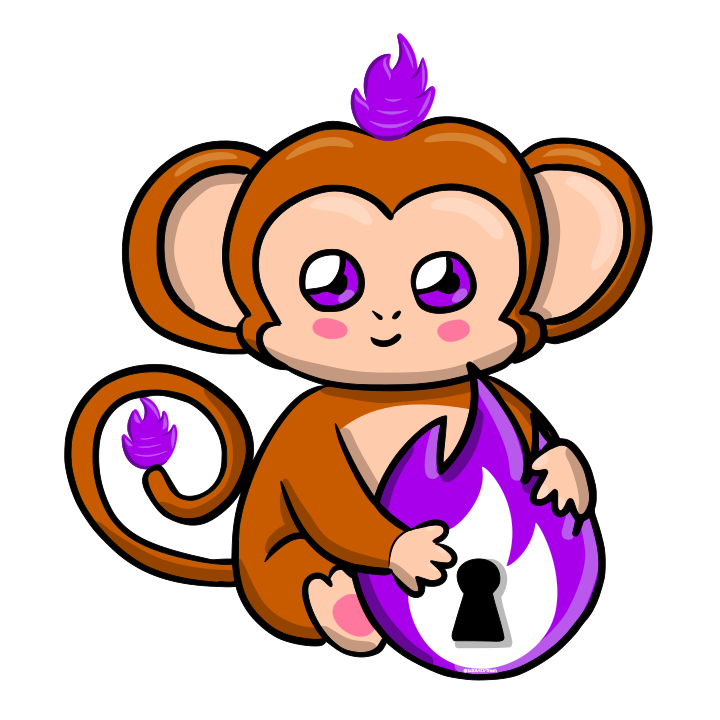 OSCo, das Logo der Open Security Conference. Ein kleiner Affe mit lila Haaren in Form einer Flamme auf dem Kopf und der Schwanzspitze. In den Händen eine lila Flamme mit Schloss